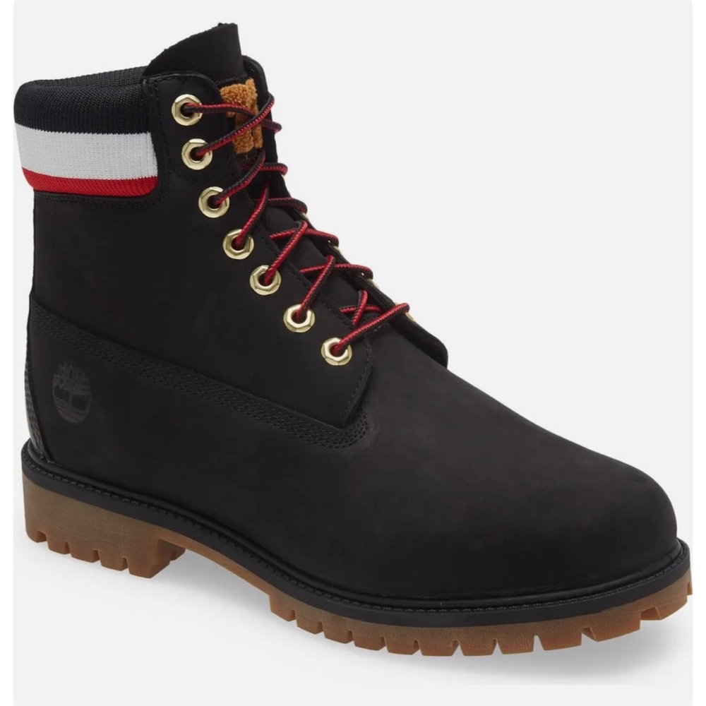 Timberland Premium Heritage 6" Black Nubuck Red White Stripe Boot sz 9.5 - NWT